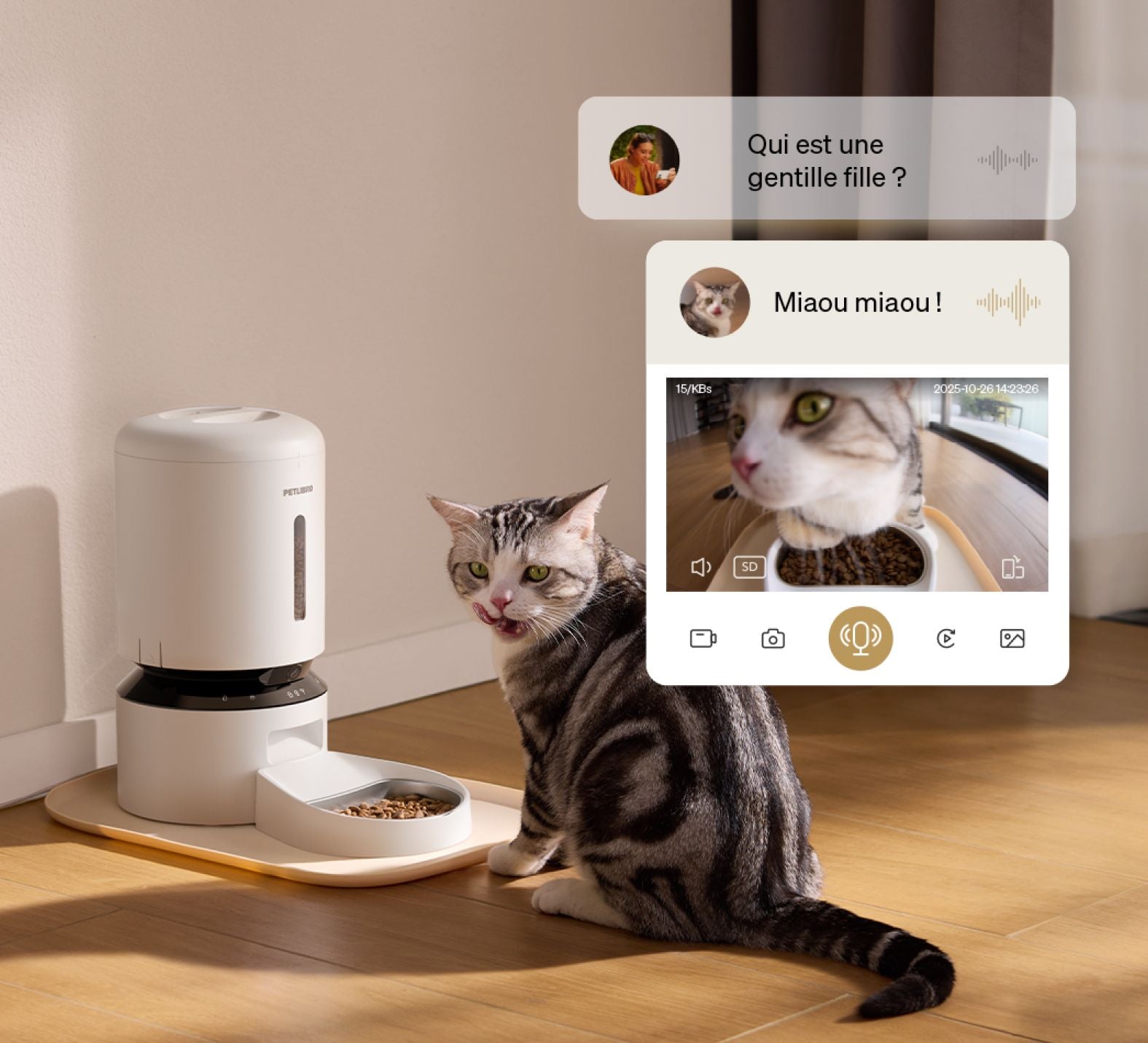 Petlibro PETLIBRO pour animal de compagnie: chat près d’un distributeur automatique de nourriture; mention fontaine à eau et bac à litière.