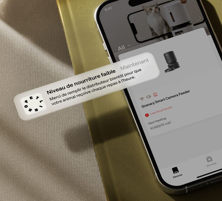 Petlibro alerte smartphone niveau de nourriture faible pour distributeur automatique connecté avec caméra, sur tissu beige et vert