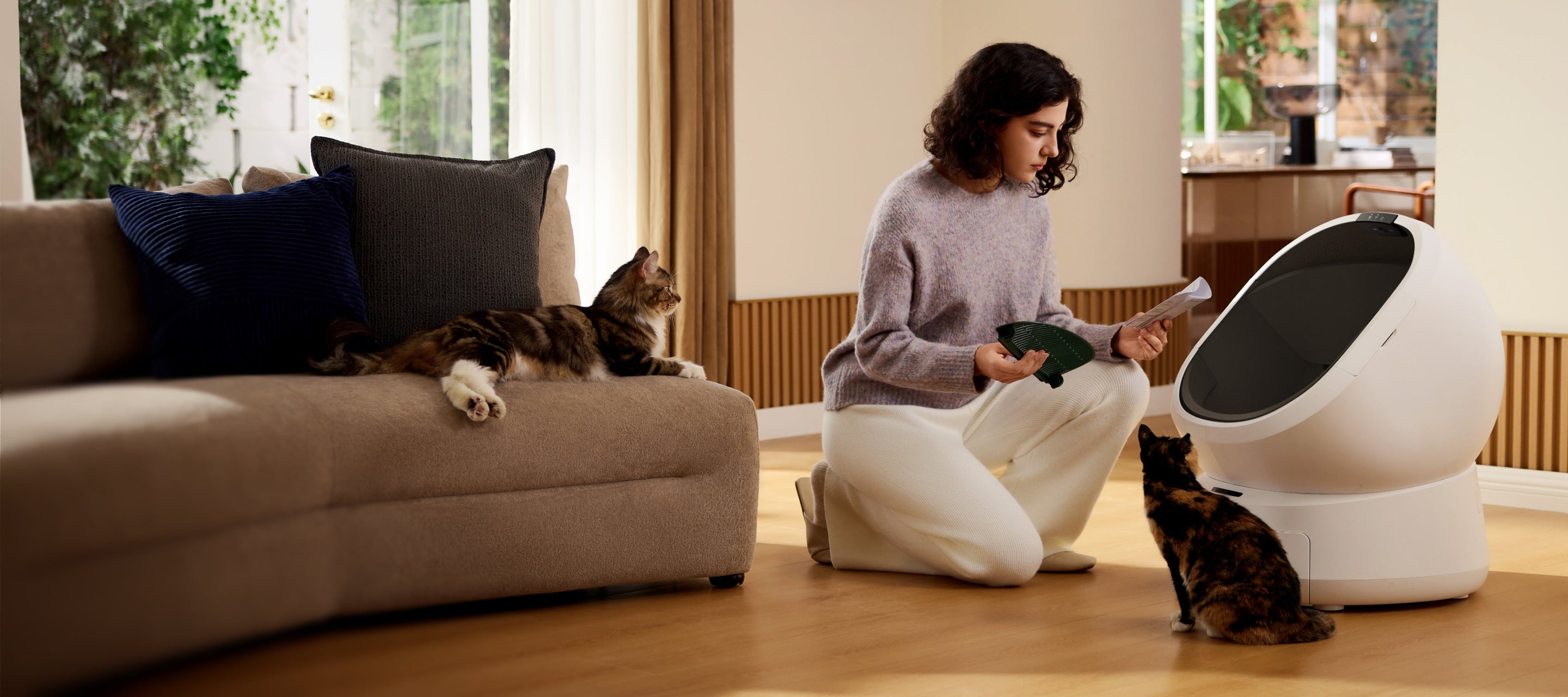 Petlibro PETLIBRO animal de compagnie: chat près du bac à litière, avec distributeur automatique de nourriture et fontaine à eau en arrière-plan