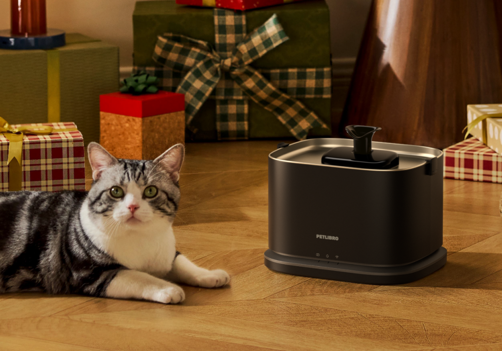 Petlibro PETLIBRO animal de compagnie: chat près d’une fontaine à eau noire; mention distributeur automatique de nourriture et bac à litière