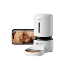 Petlibro distributeur automatique de croquettes blanc avec caméra, bol inox et application mobile affichant un chien qui mange