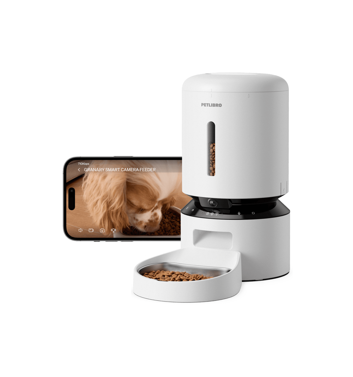 Petlibro distributeur automatique de croquettes blanc avec caméra, bol inox et application mobile affichant un chien qui mange