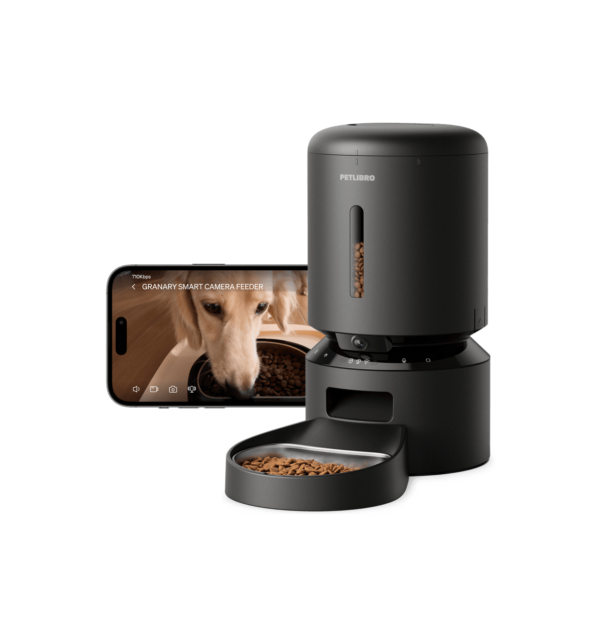 Petlibro distributeur automatique de croquettes noir avec caméra intégrée, bol rempli et aperçu vidéo sur smartphone