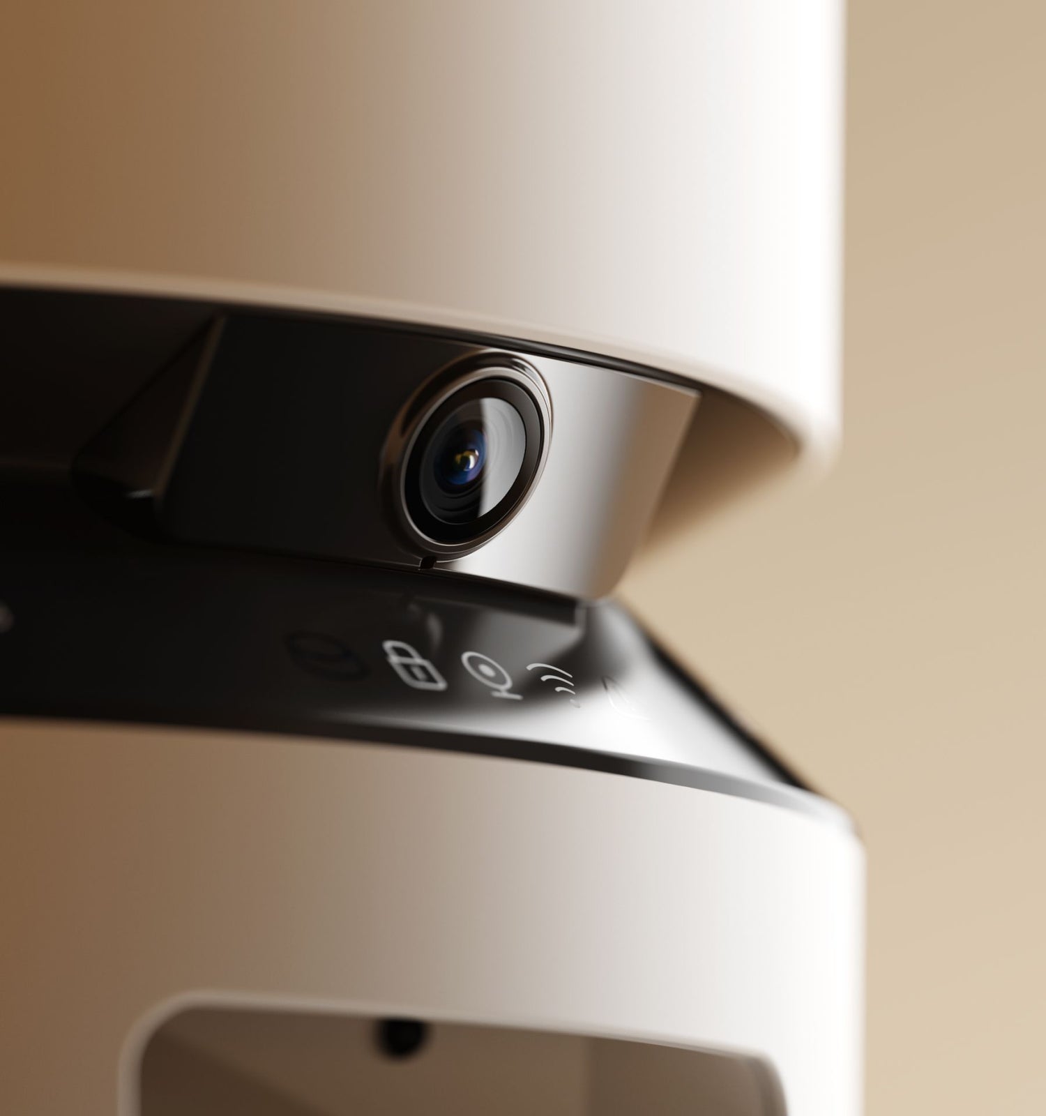 Petlibro gros plan caméra intégrée sur distributeur automatique blanc, panneau noir avec icônes Wi‑Fi et micro pour surveillance animaux