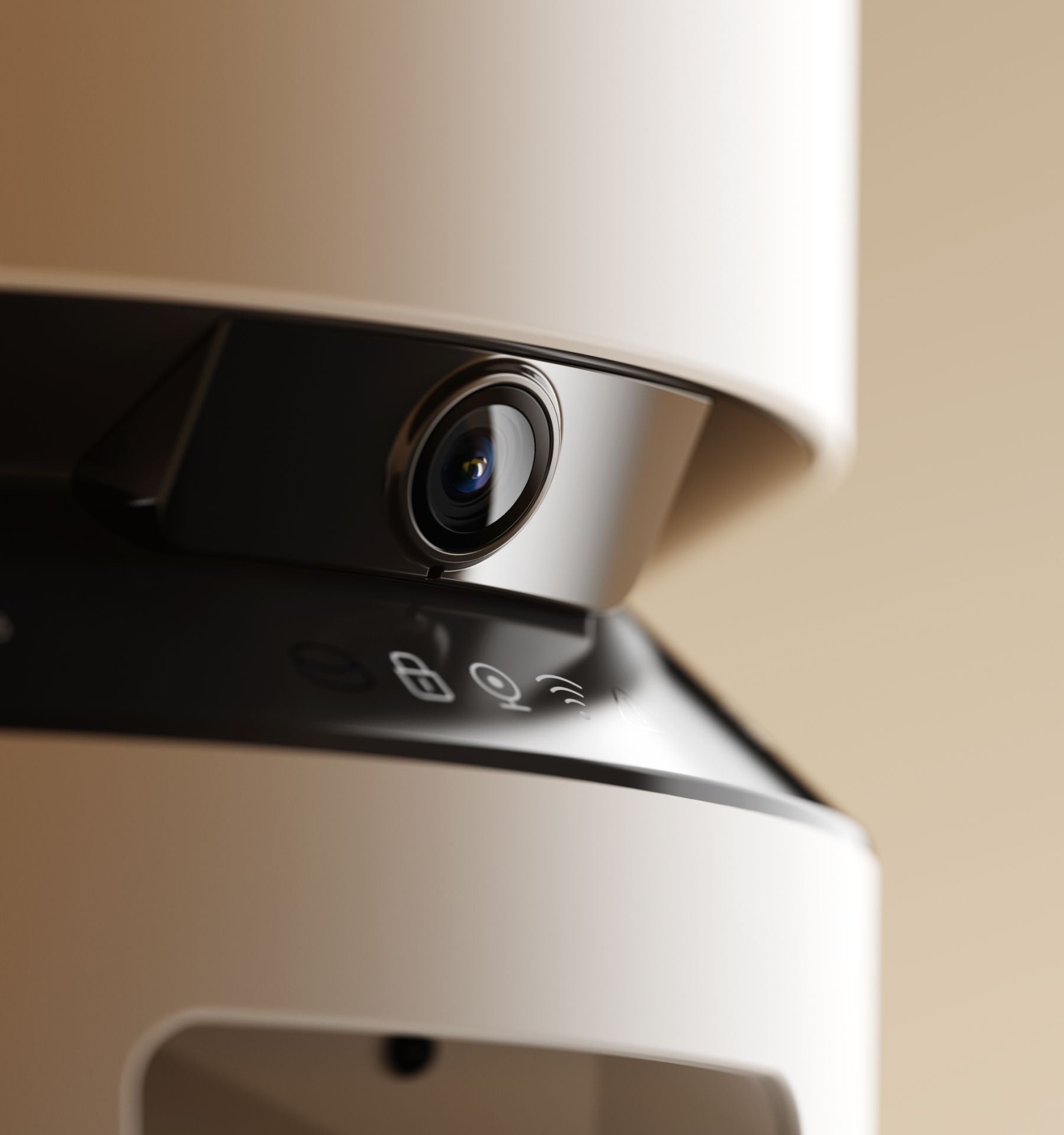 Petlibro gros plan caméra intégrée sur distributeur automatique blanc, panneau noir avec icônes Wi‑Fi et micro pour surveillance animaux