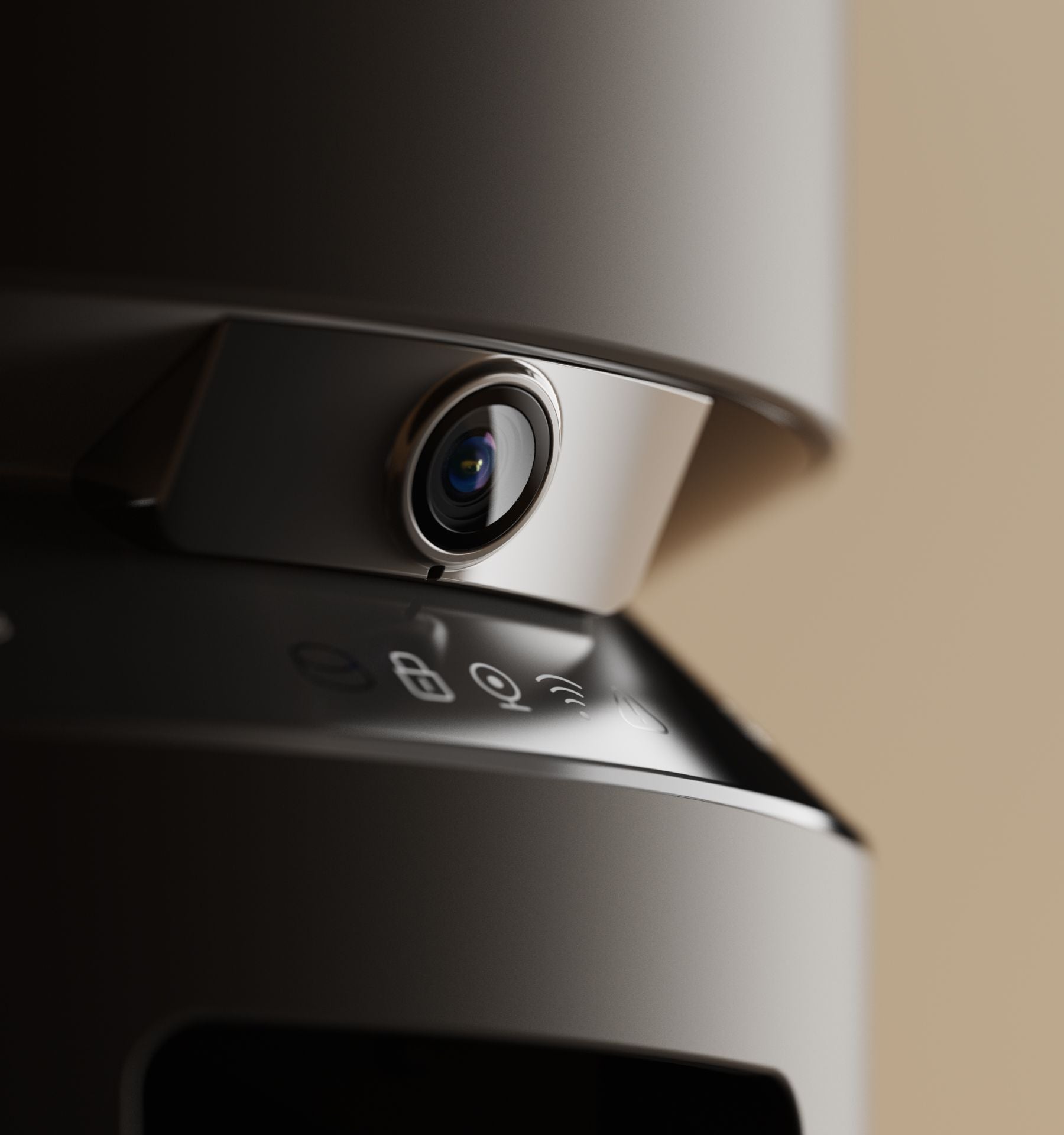Petlibro gros plan de caméra HD intégrée sur distributeur automatique noir, avec icônes Wi‑Fi et verrouillage sur le panneau supérieur