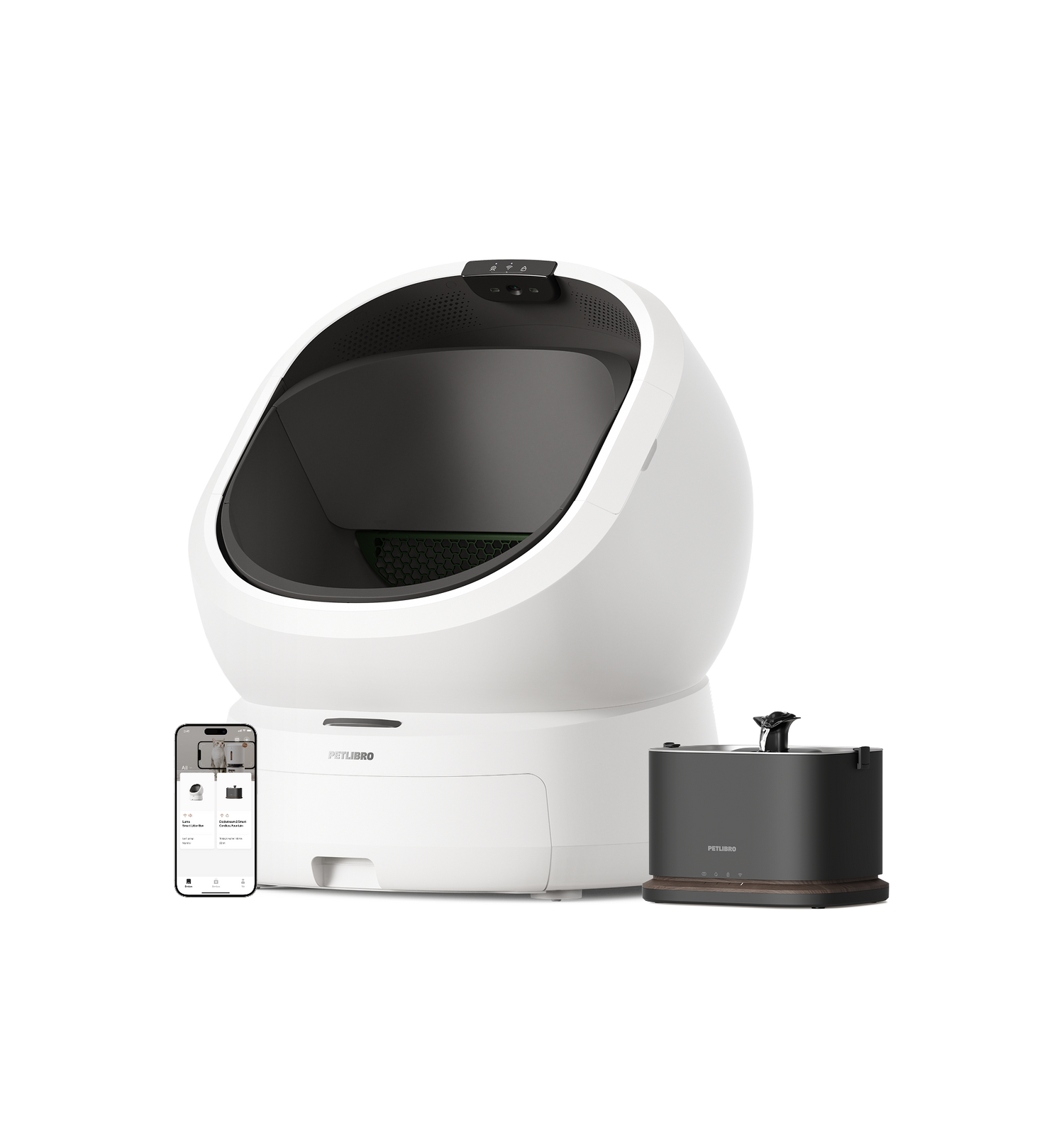 Petlibro PETLIBRO bac à litière blanc pour chat, avec app; animal de compagnie, distributeur automatique de nourriture et fontaine à eau noirs.