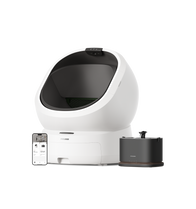 Petlibro PETLIBRO bac à litière blanc pour chat, avec app; animal de compagnie, distributeur automatique de nourriture et fontaine à eau noirs.