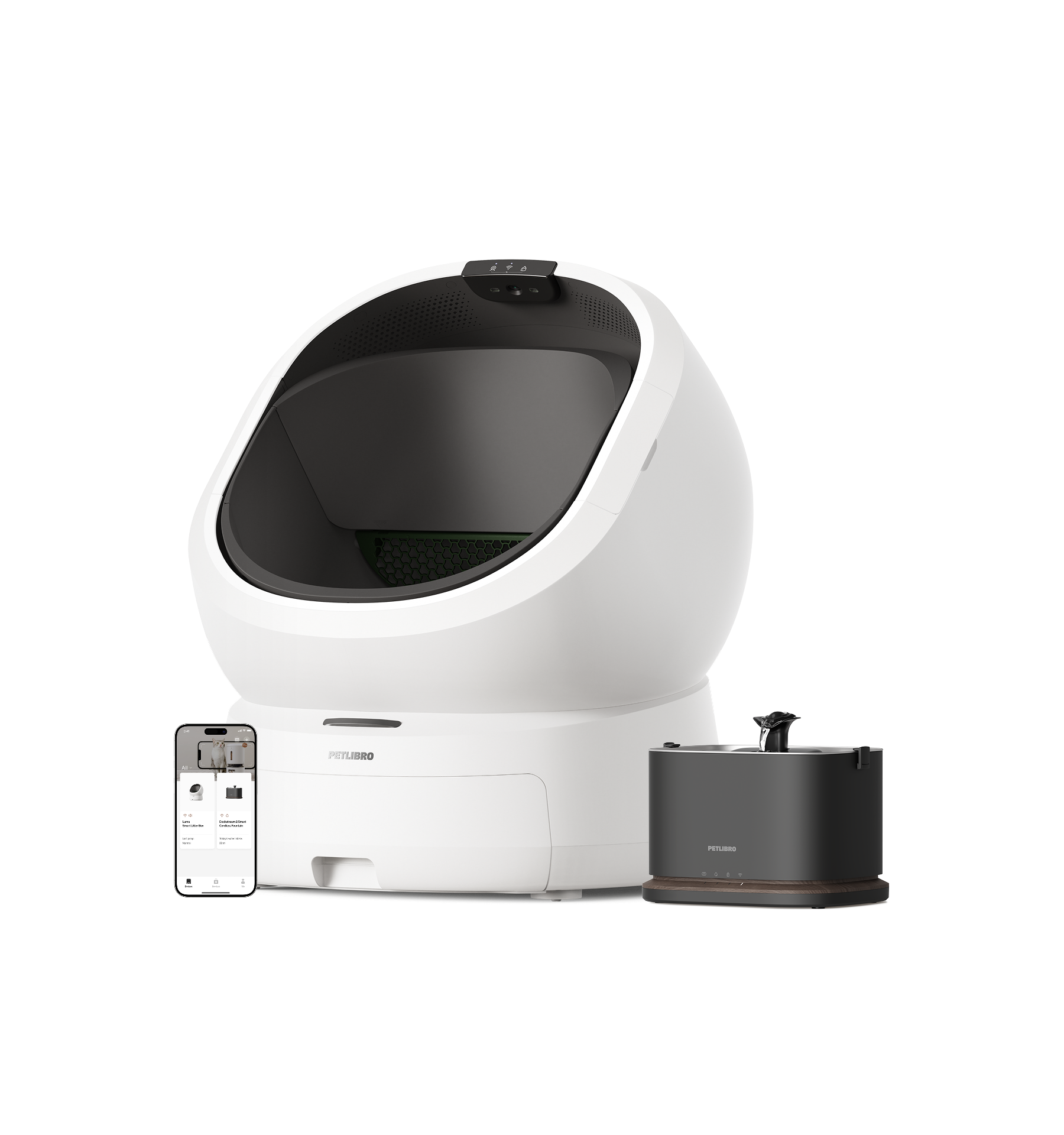 Petlibro PETLIBRO bac à litière blanc pour chat, avec app; animal de compagnie, distributeur automatique de nourriture et fontaine à eau noirs.