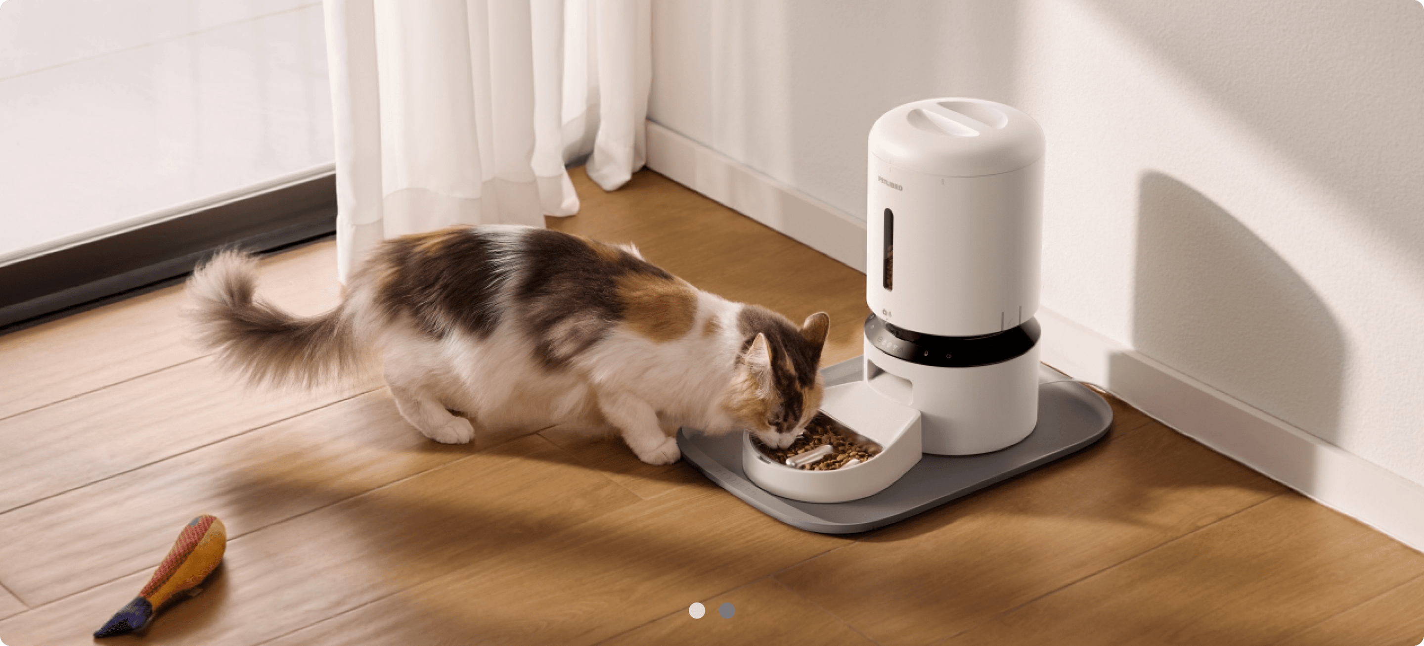 Petlibro PETLIBRO animal de compagnie: chat mangeant au distributeur automatique de nourriture blanc; fontaine à eau et bac à litière assortis.