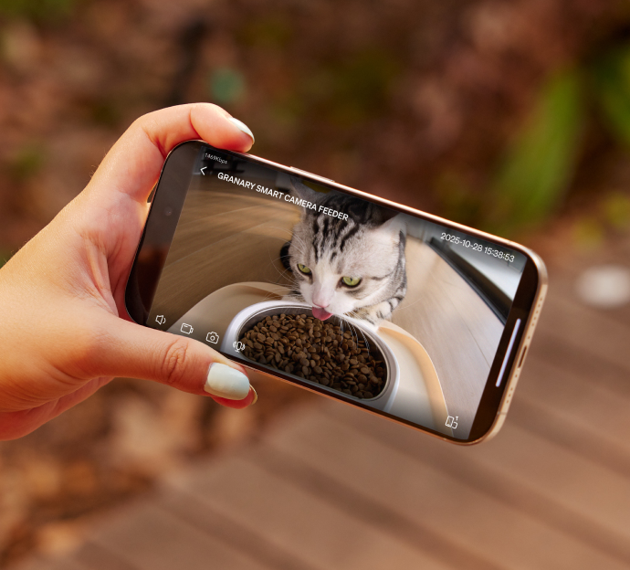 Petlibro PETLIBRO: animal de compagnie chat vu sur smartphone mangeant au distributeur automatique de nourriture, avec fontaine à eau et bac à litière