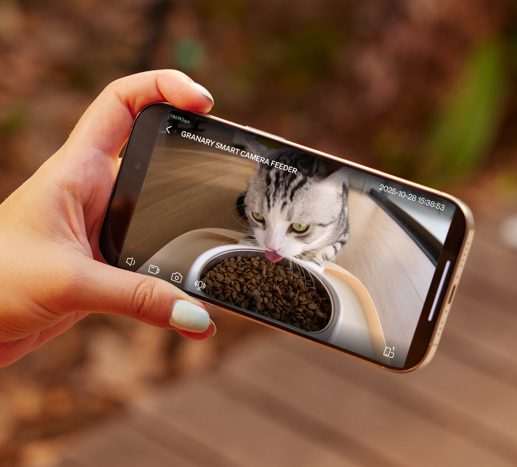 Petlibro PETLIBRO: chat d’animal de compagnie vu sur smartphone, mangeant via distributeur automatique de nourriture; fontaine à eau, bac à litière.