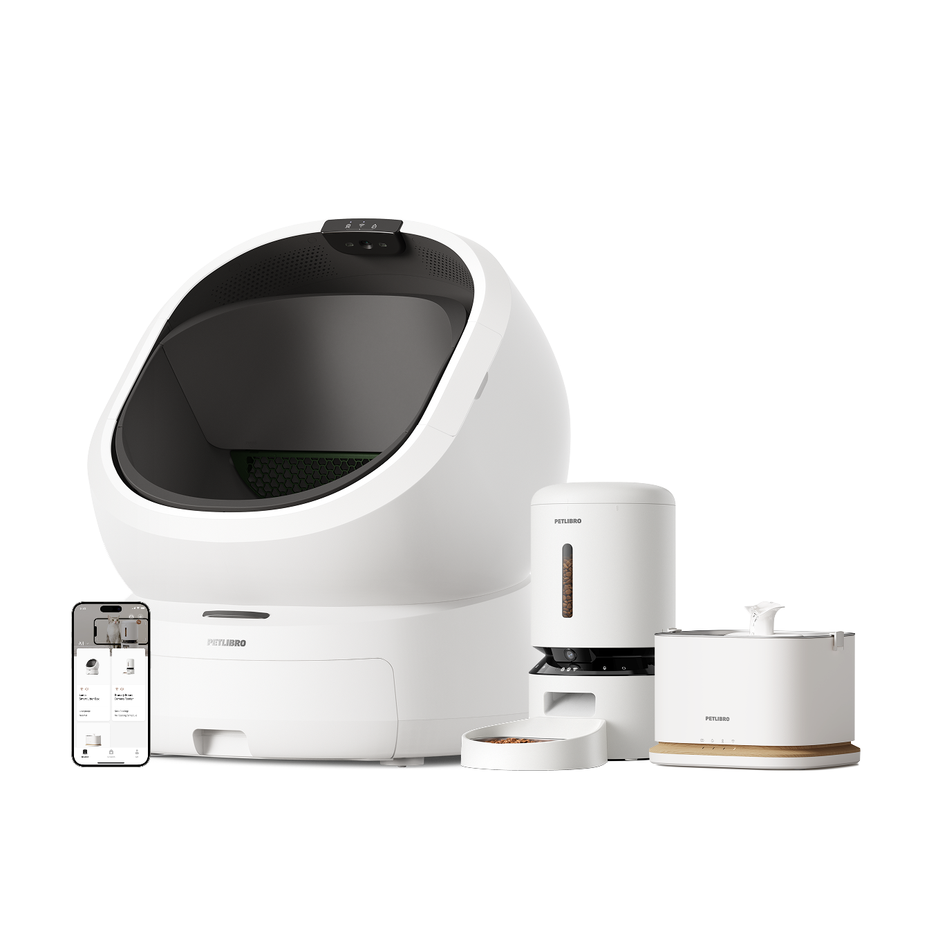 Petlibro PETLIBRO pour animal de compagnie: bac à litière, distributeur automatique de nourriture et fontaine à eau pour chat, avec appli mobile.