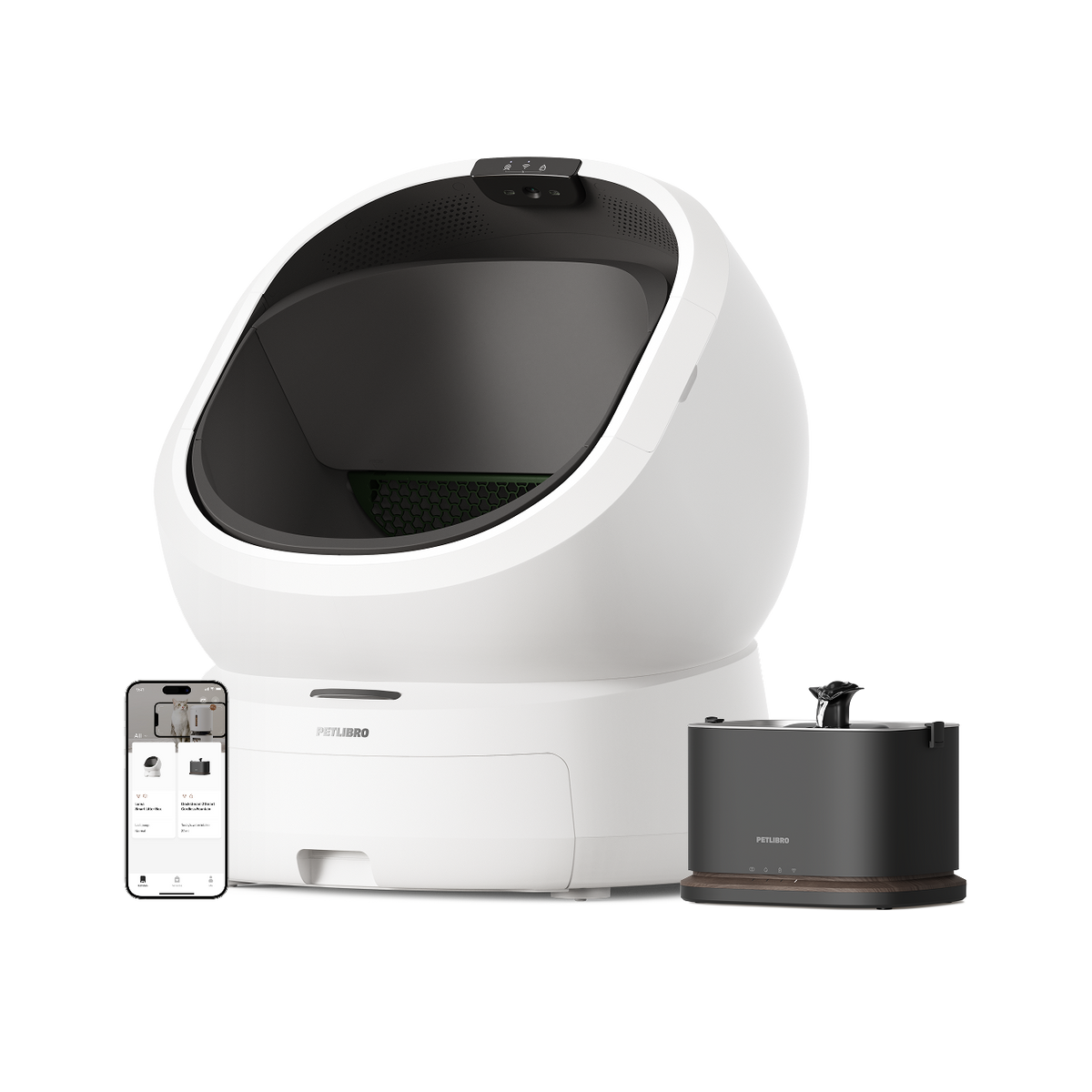 Petlibro PETLIBRO pour animal de compagnie: bac à litière blanc, fontaine à eau noire et distributeur automatique de nourriture, chat via appli