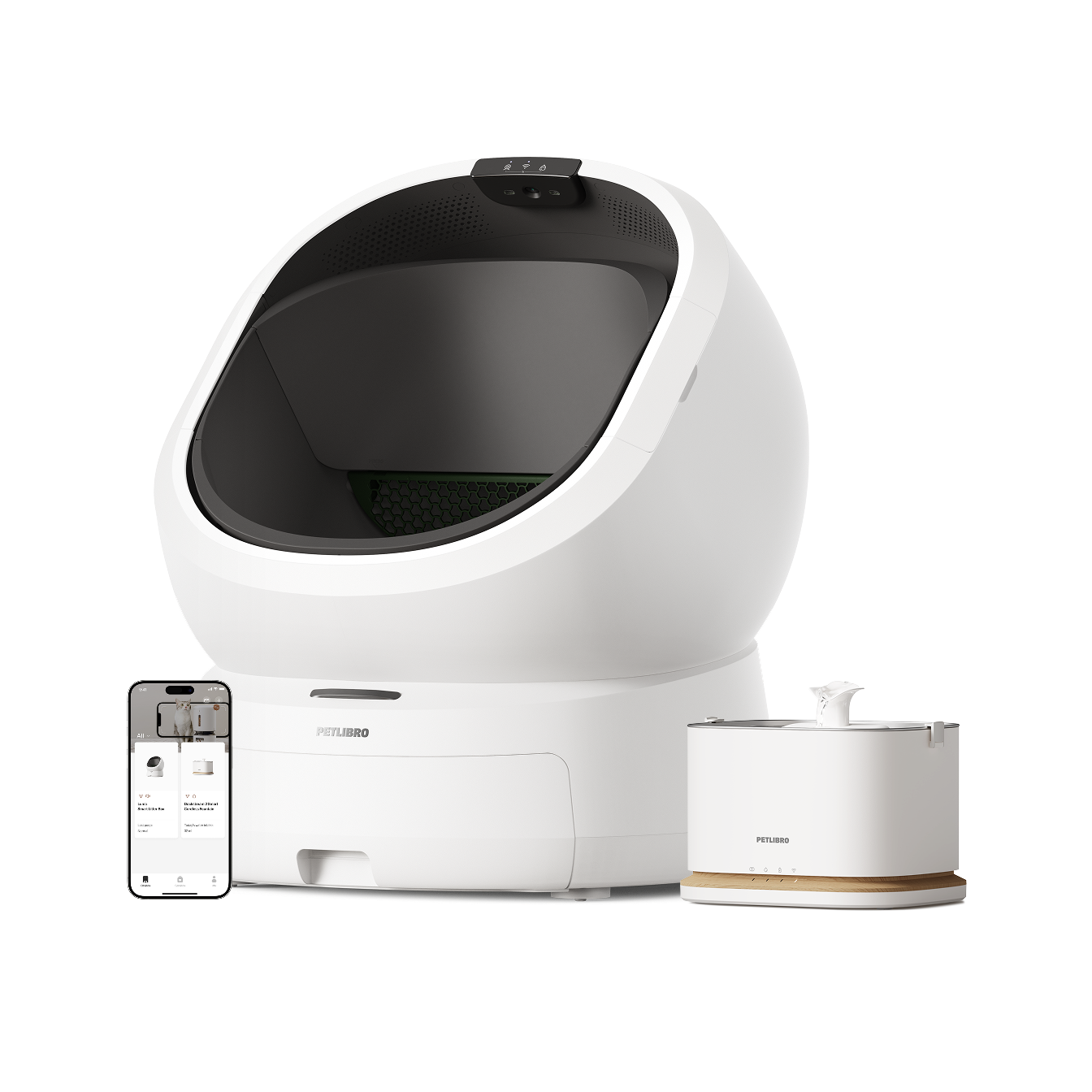 Petlibro PETLIBRO pour animal de compagnie: bac à litière blanc, fontaine à eau et distributeur automatique de nourriture pour chat, app mobile.